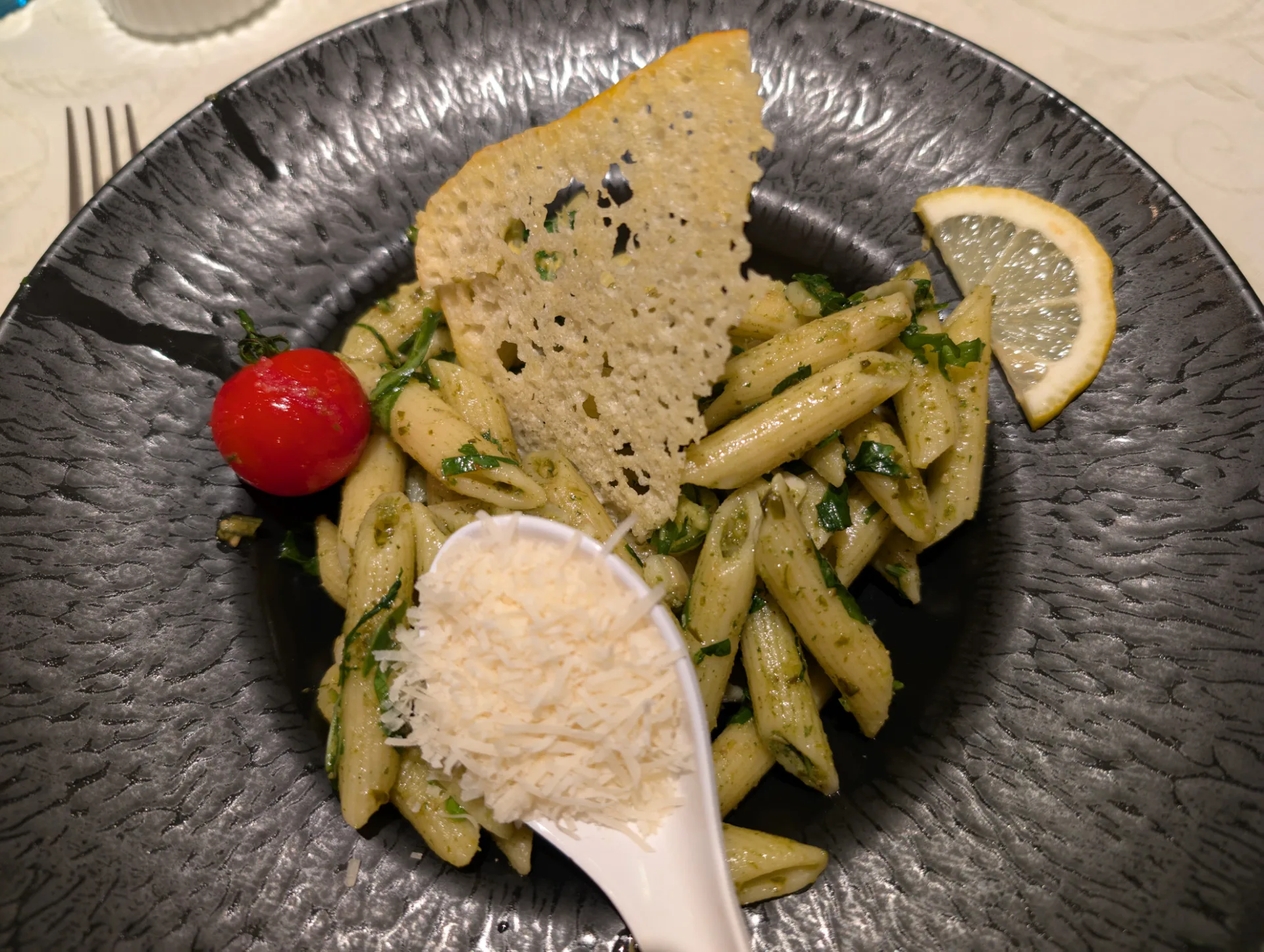 Birthday penne with pesto and parmesan
