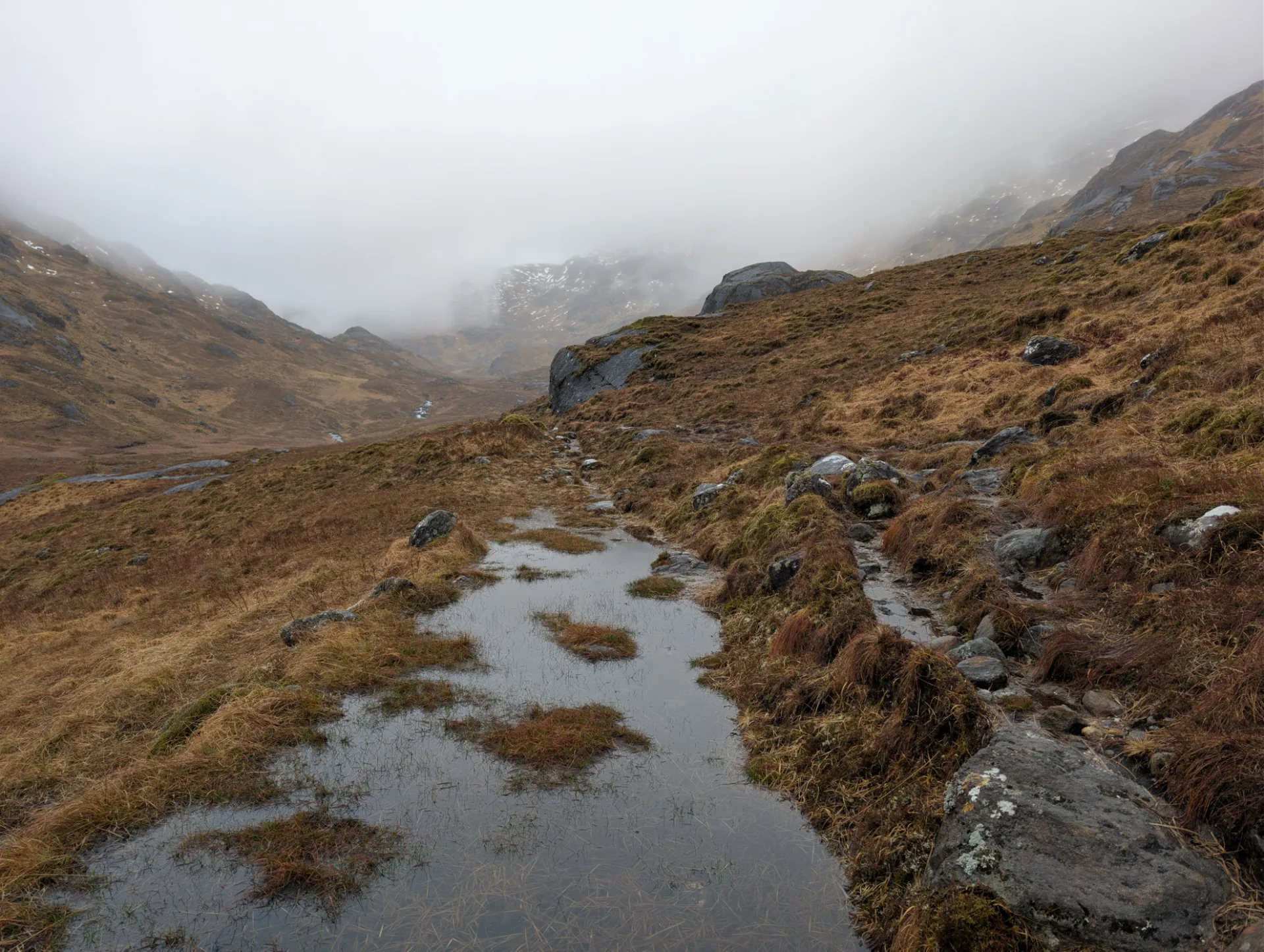 Water on the path across a boggy slope in mist