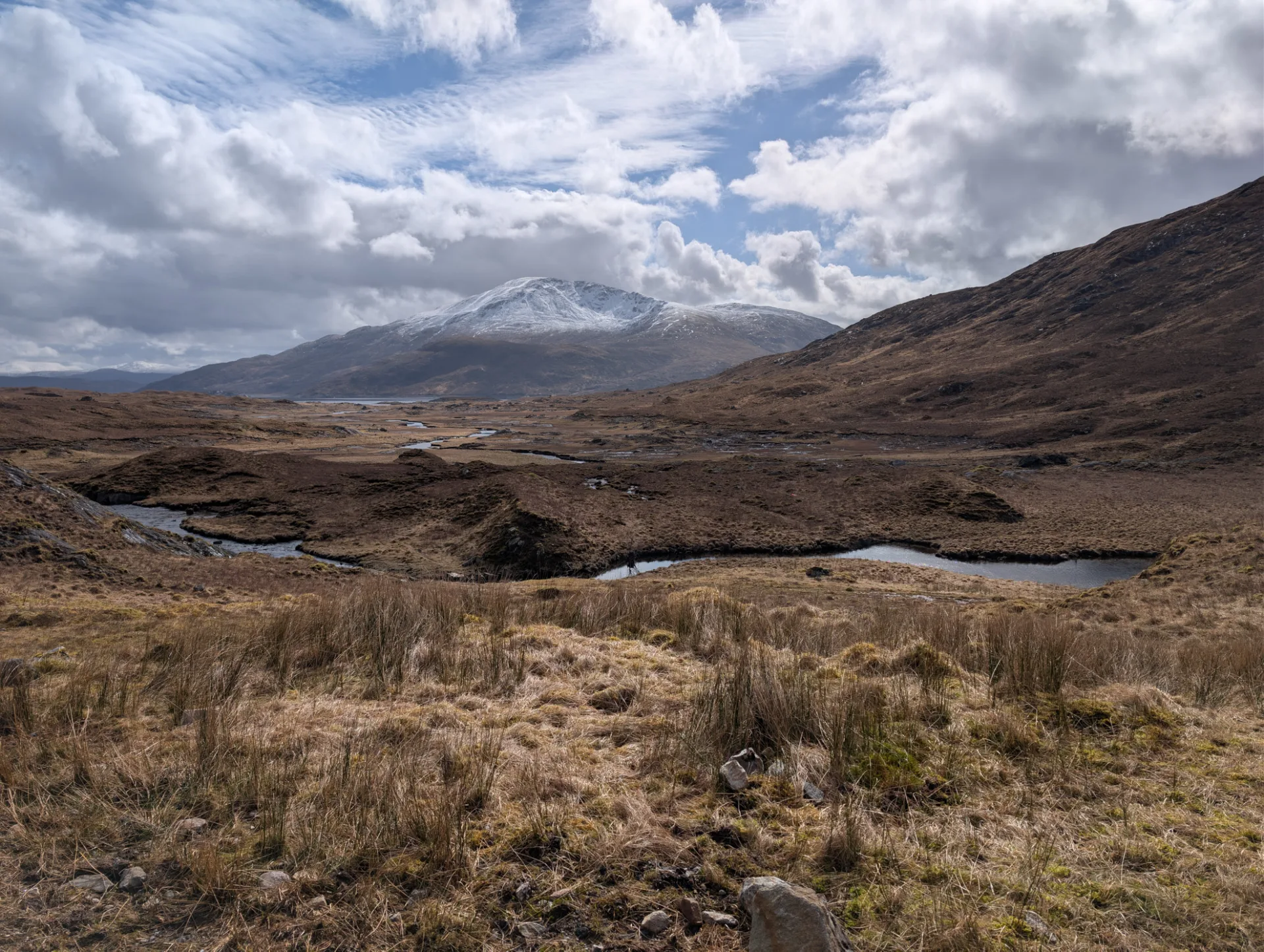 Bogland with lochans against a snowy mountain
