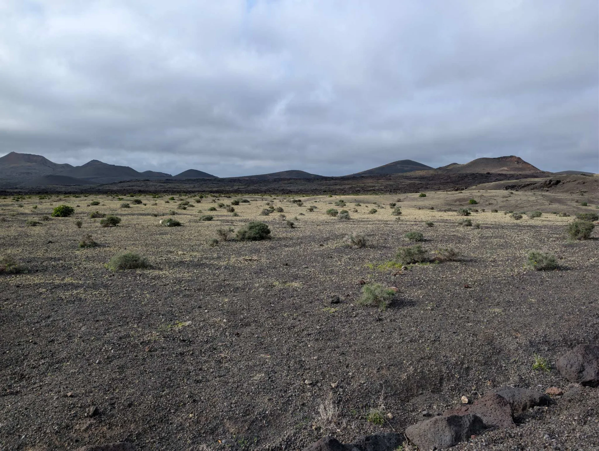 A wide lava plain with the cones of the fire mountains behind.