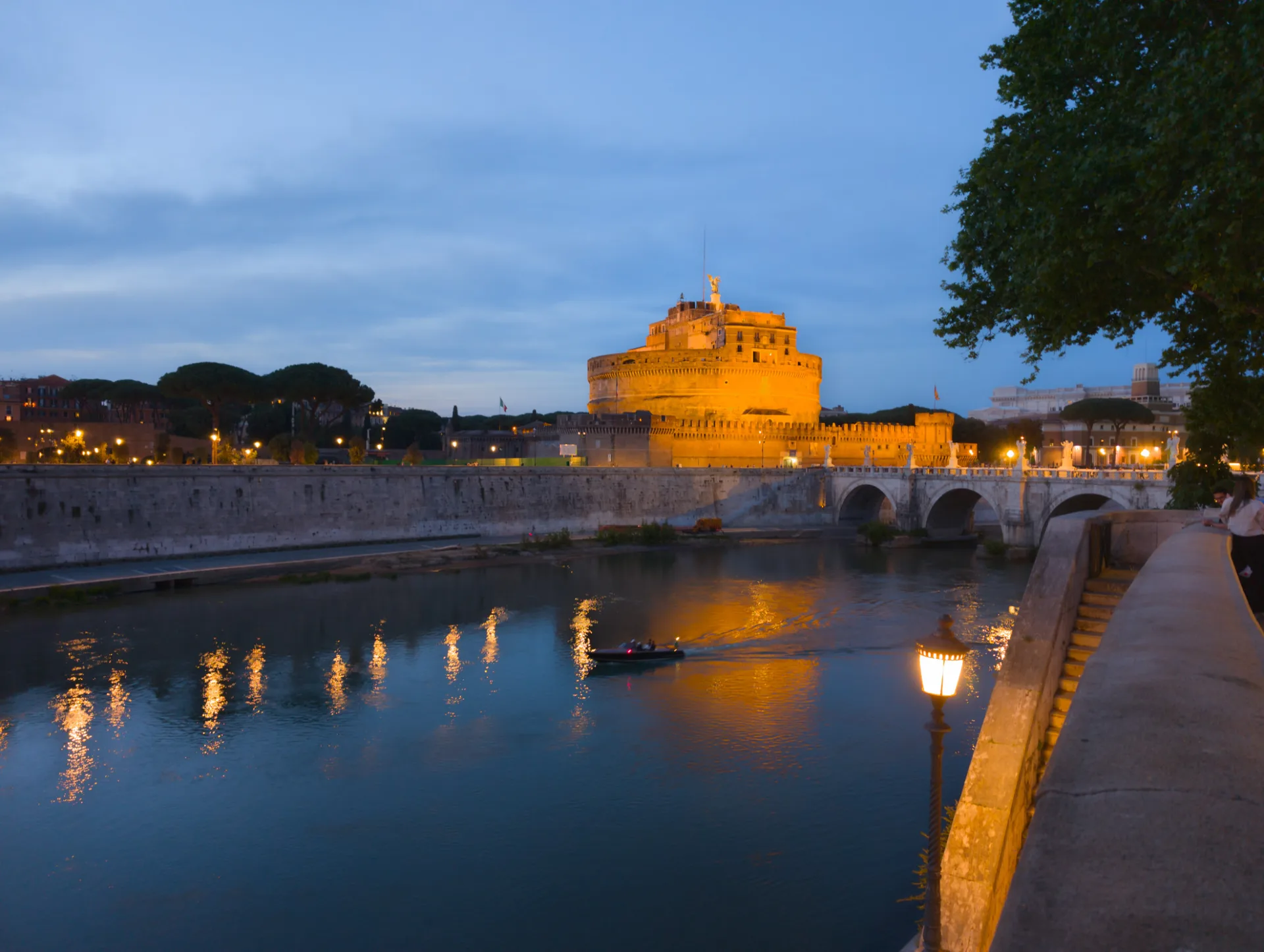 Castel Sant'Angelo in evening light, mirrored in the Tiber