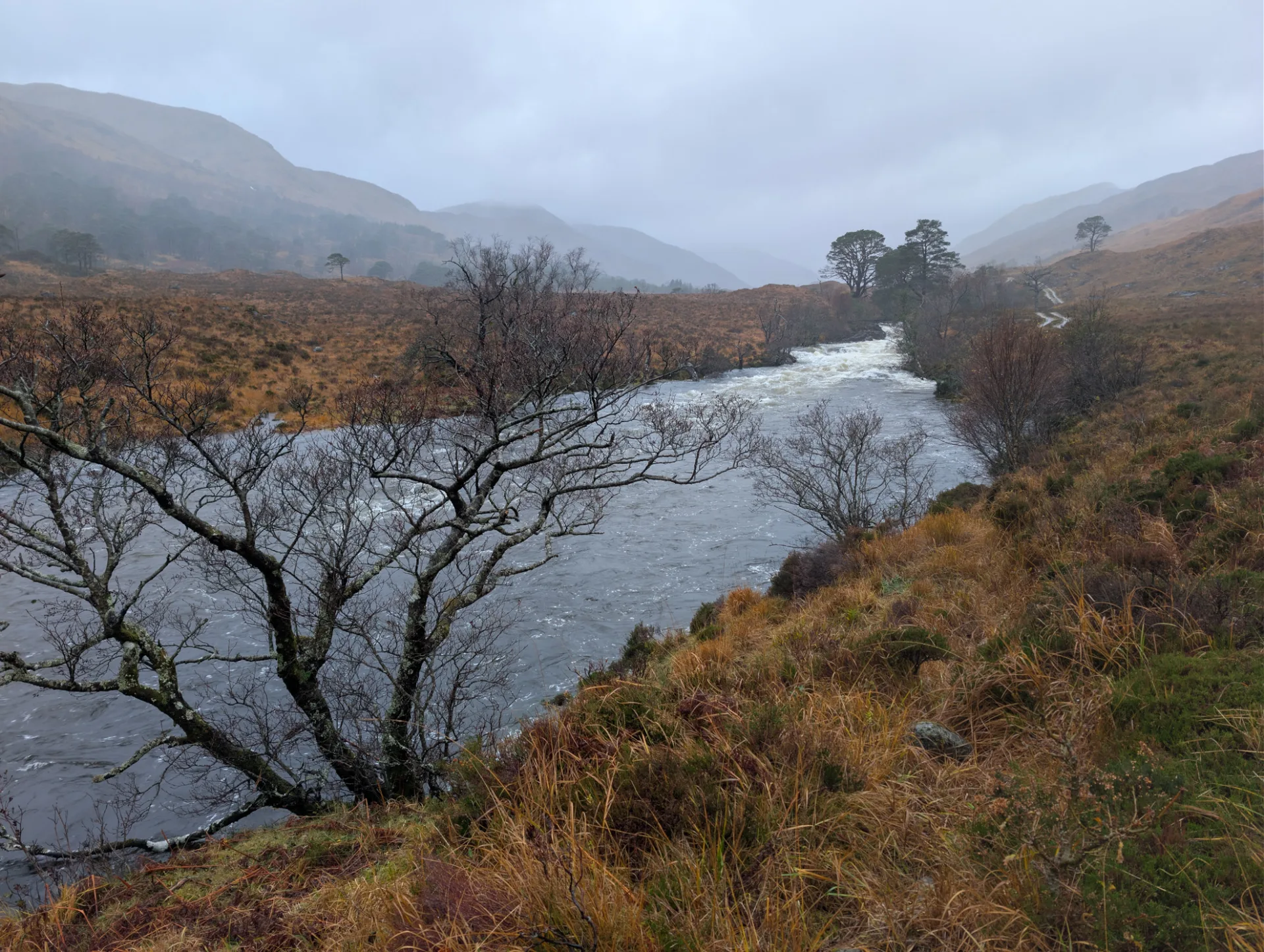 River between the valley flanks, mist over the peaks