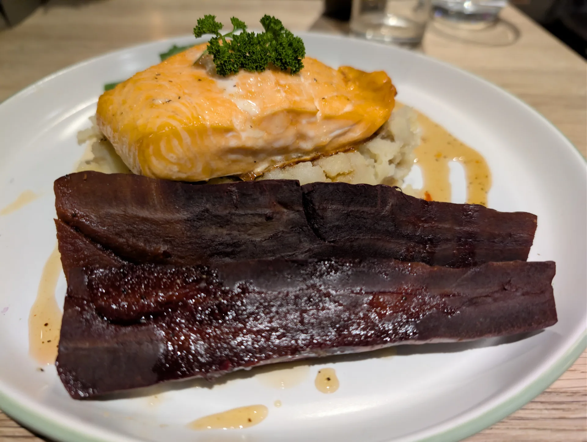 Salmon on mash — the reward after two wet days